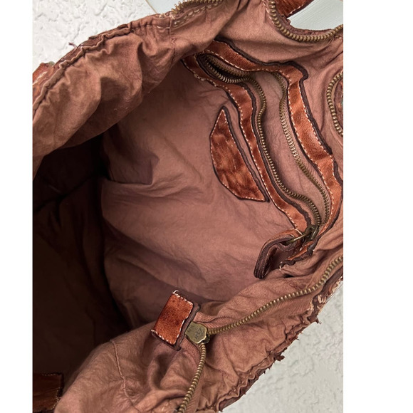 LANGELOTTI Italian Distressed Leather Woven Tote Bag - Crossbody - Tobacco Brown - Picture 10 of 12